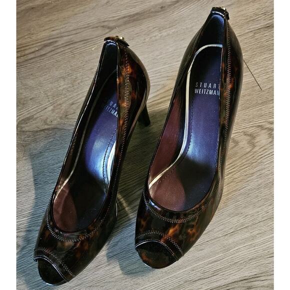 Stuart Weitzman Patent Leather Tortoise Shell Heels Peep Toe Women's Size 7.5.M - Picture 1 of 8